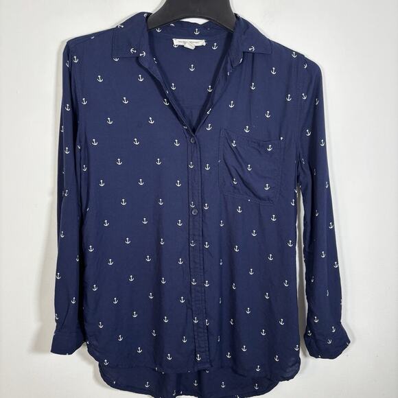 Beach Lunch Lounge Button Down Navy Anchor Printed Blouse Navy XS V Neck Viscose - Picture 6 of 6